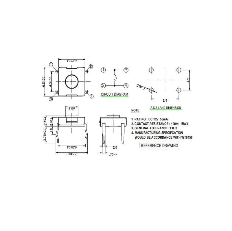 Tact Switch-TK-1046-4 Pin 6.2×6.2mm - Gallery Image 1